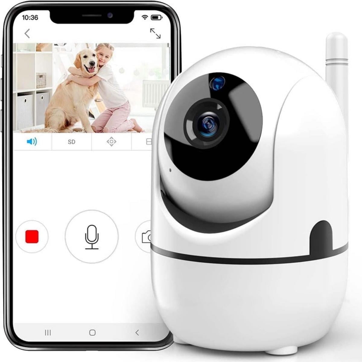 Indoor Pan/Tilt Smart Security Camera, 1080p HD Dog-Camera,2.4GHz with Night Vision,Motion Detection for Baby and Pet Monitor, Cloud & SD Card Storage, Works with Alexa& Google Assistant, White