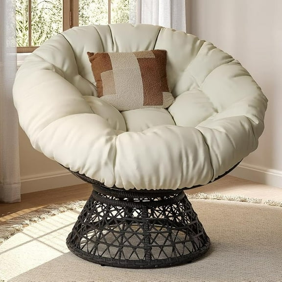 Indoor Papasan Chairs with Thick Tufted Cushions and Frame, Swivel Wicker Ergonomic Lounge Reading Chairs for Living Room