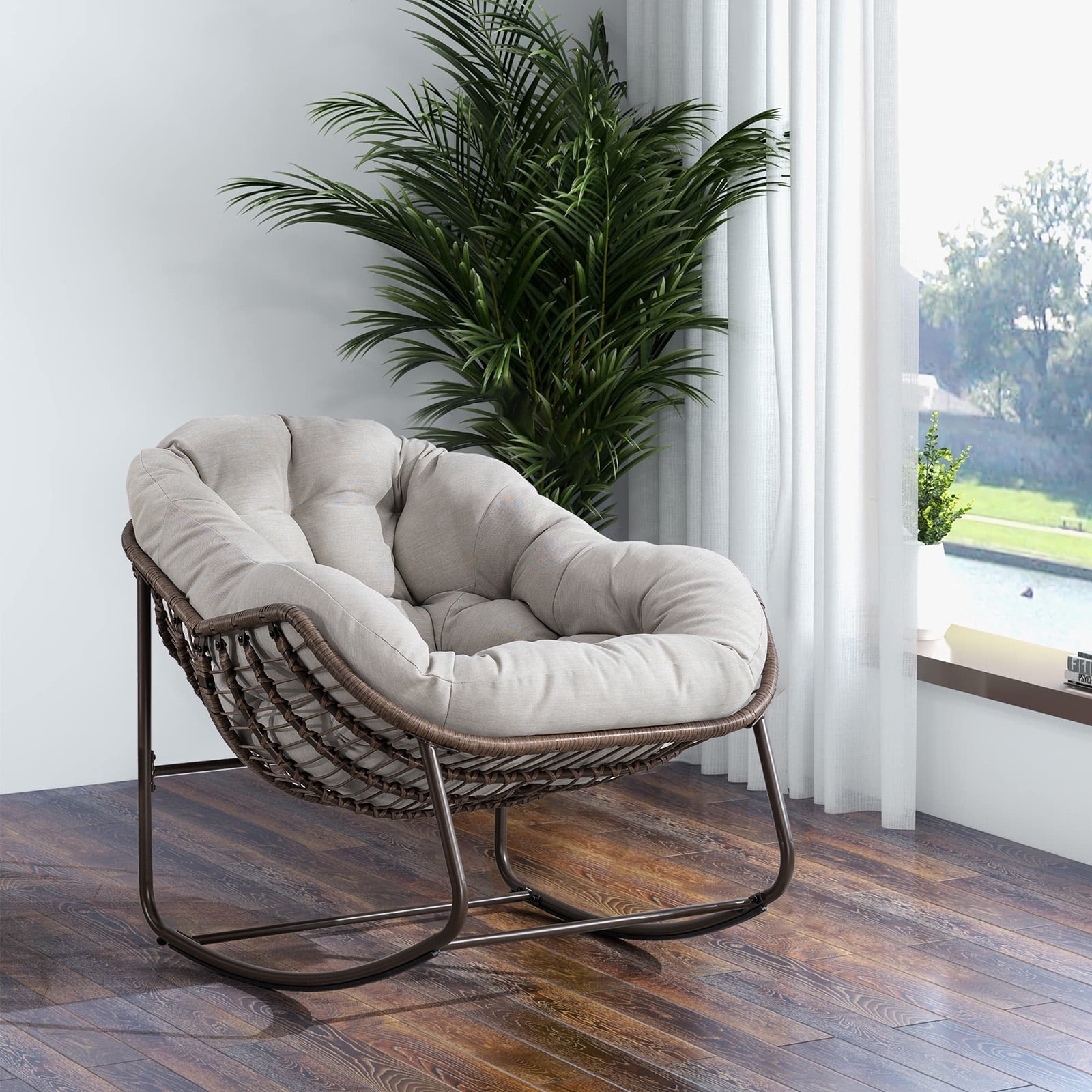 Indoor/Patio Rocking Chair, Oversized Rattan Egg Chair with Steel Frame & Padded Cushion