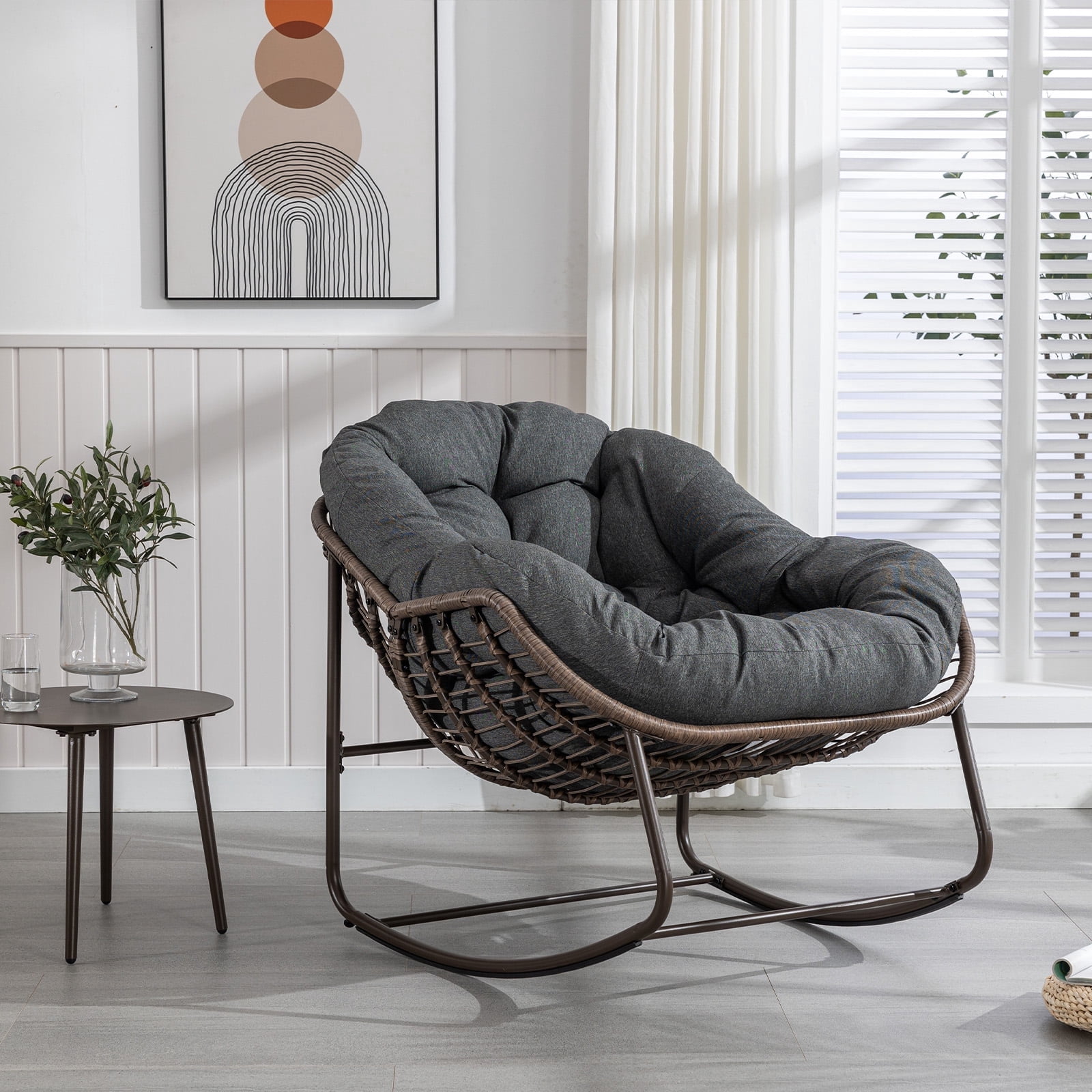 Indoor/Patio Rocking Chair, Oversized Rattan Egg Chair with Steel Frame & Padded Cushion
