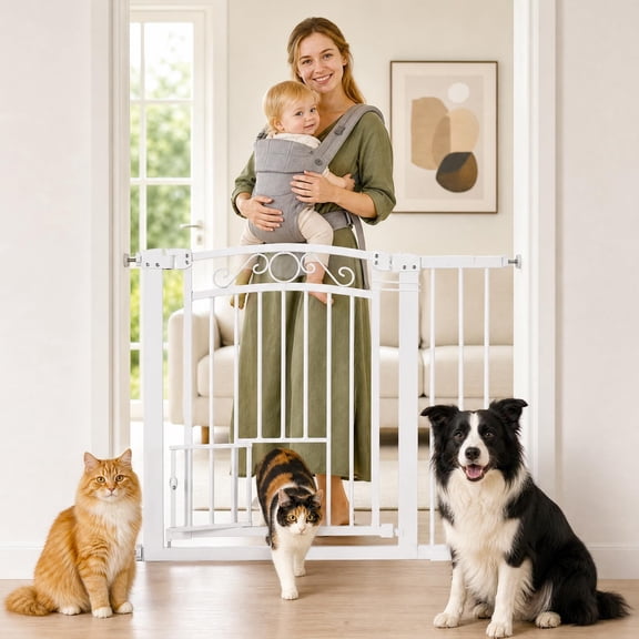 Indoor Pet Gate with Cat Door, 33-41'' Wide Metal Cat Gate for Stairs, Doorways