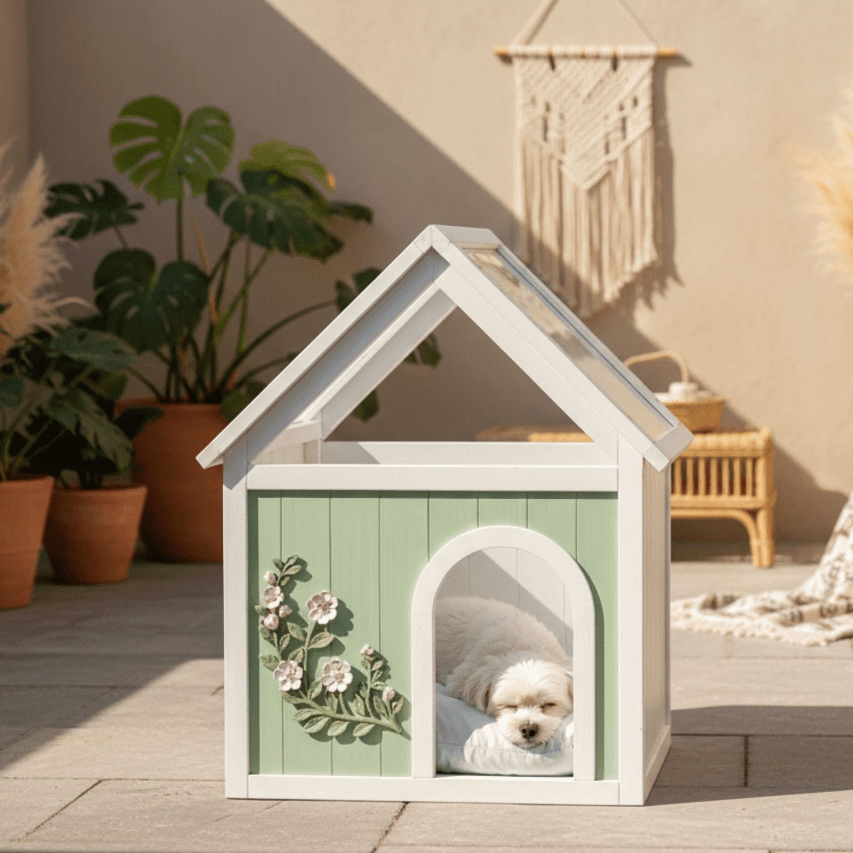 Indoor Pet House, Clear Acrylic Roof Cat House with Hand-Carved Front Panel, Multifunctional Side Table Shelter for Small Cats & Dogs