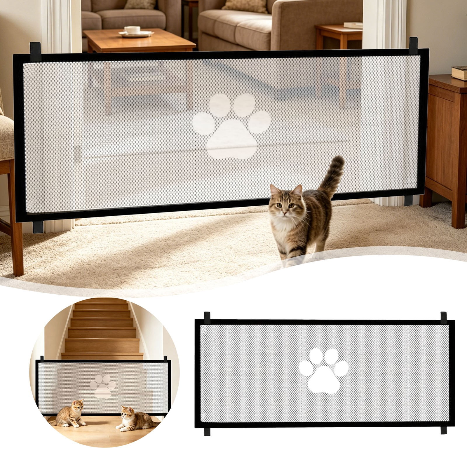 Indoor Pet Mesh Gate, Portable Safety Barrier for Dogs and Cats, Retractable Mesh Fence for Doorways, Stairs and Rooms, Paw Print Decorative Pet Gate for Home Safety