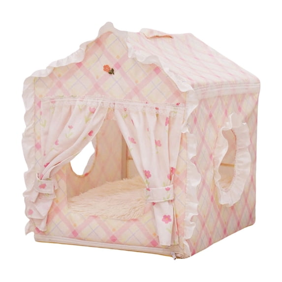 Indoor Pets House with Frame, Cute Pets Tent Bed with Cover Cave, Breathable, Washable, and Foldable House, Suitable for Cats and Dogs Pink