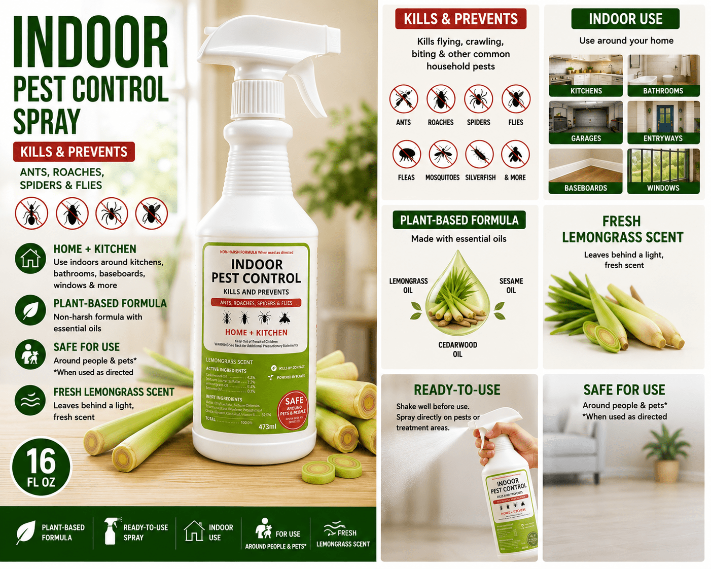 Bug Control Spray Indoor Plant-Based Pest Control Spray, Lemongrass Scent, Ready-to-Use ...
