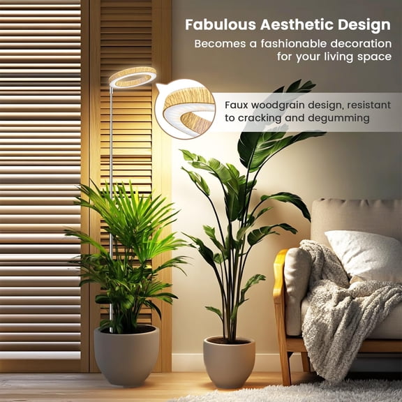 Indoor Plant Grow Light, Full Spectrum Plant Grow Light with 6/12/16 Hour Timer, 3 Color Modes, 5 Brightness Levels, 10-65 Inch Height Adjustable, Wood Grain Plant Grow Light | Wood Grain Grow Light,