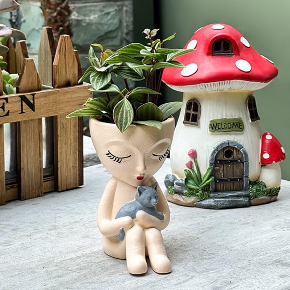 Indoor Plant Pot with Cat Decor, Ceramic Face Planter, Boho Decor for Living Room, Small Succulent Planter for Home Decor, Cute Room Decor with Kitten Accent