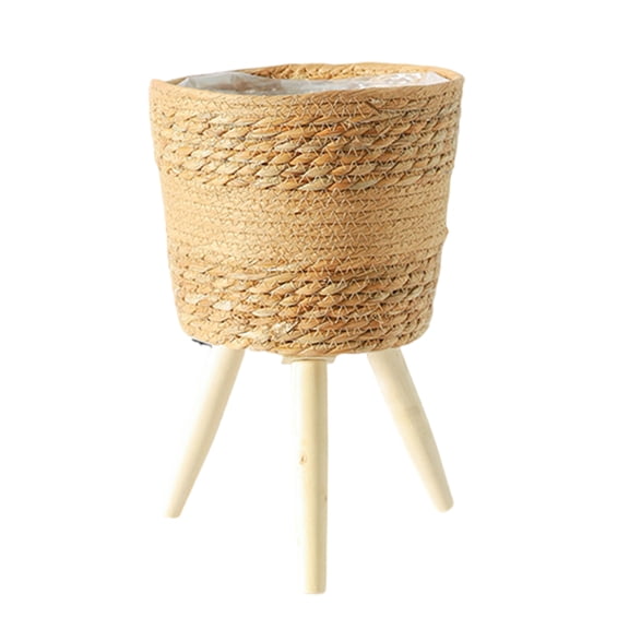 Indoor Plant Stand Handwoven Cattail Flowerpots with Wooden Support Floor Planter Basket Rack Plant Shelf for Garden Decors