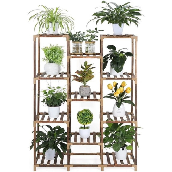 Indoor Plant Stand, Wooden Multi-Tier Plant Stand, 5-Tier Ladder and 7 Pots for Windows, Garden, Balcony and Living Room Square Model