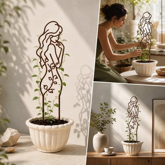 Metal Trellis for Climbing Plants Outdoor, Lady Silhouette Decorative Indoor Plant Support for Potted Vines Ivy Pothos, Black