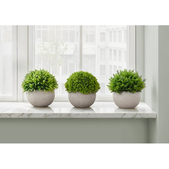 Indoor Plants Artificial Plant, 5" Tall, Grass, Indoor, Faux, Fake, Table, Greenery, Potted, Set Of 3, Decorative, Green Plants, Grey Pots,Artificial Flowers