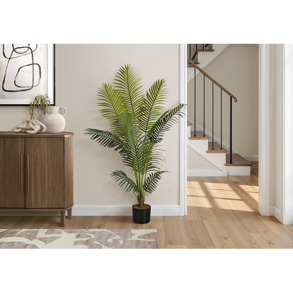 Indoor Plants Artificial Plant, 57" Tall, Palm Tree, Indoor, Faux, Fake, Floor, Greenery, Potted, Real Touch, Decorative, Green Leaves, Black Pot,Artificial Flowers