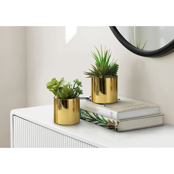 Indoor Plants Artificial Plant, 7" Tall, Succulent, Indoor, Faux, Fake, Table, Greenery, Potted, Set Of 2, Decorative, Green Plants, Glossy Gold Pots,Artificial Flowers