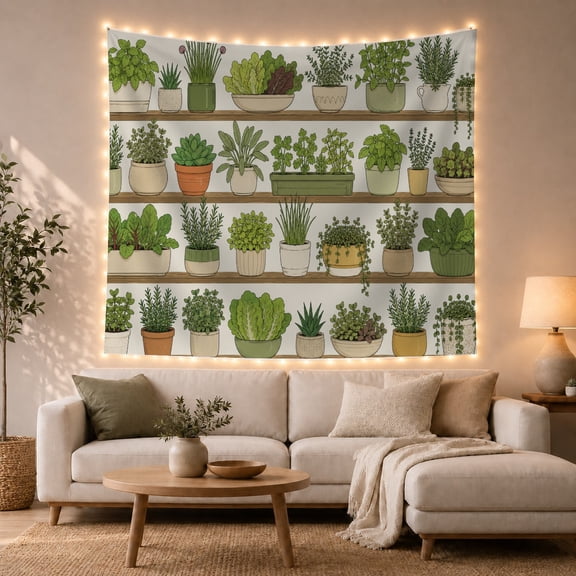 Indoor Plants on Wooden Shelves, Calming Botanical Illustration for Plant Lovers, Botanical Wall Art, Housewarming Gift, Tapestry Wall Hanging for Bedroom, Living Room and Dorm