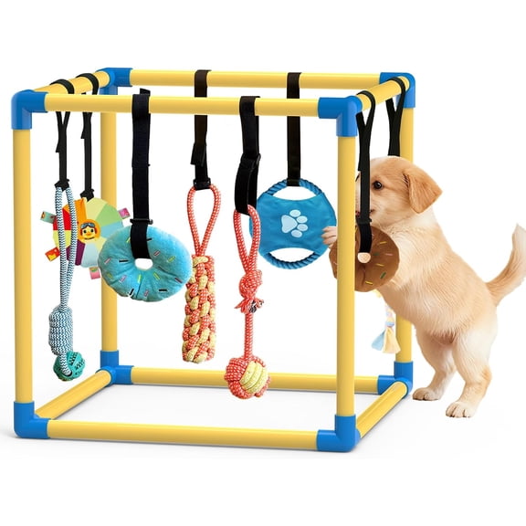 Indoor Play Gym for Small Dogs with 8 Hanging Toys, PVC Frame, Stretchy Ropes & Velcro for Boredom Enrichment and Teething (Yellow, 19.6x19.6x19.6 Inches)