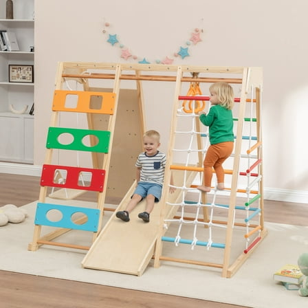 Indoor Playground Jungle Gym, 9-in-1 Montessori Wooden Indoor Playground for Ages 2-6, Rope Ladder, Indoor Swing, Slide, Rock Climbing Wall