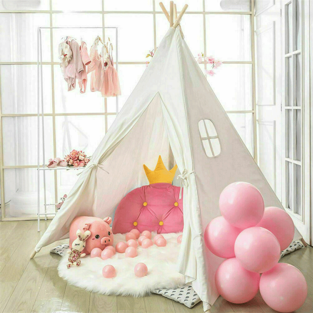 Indoor Playhouse Large Canvas Cotton Teepee Tent With Window Natural Cotton Canvas Children Tent Playroom & Bedroom Kid Gift