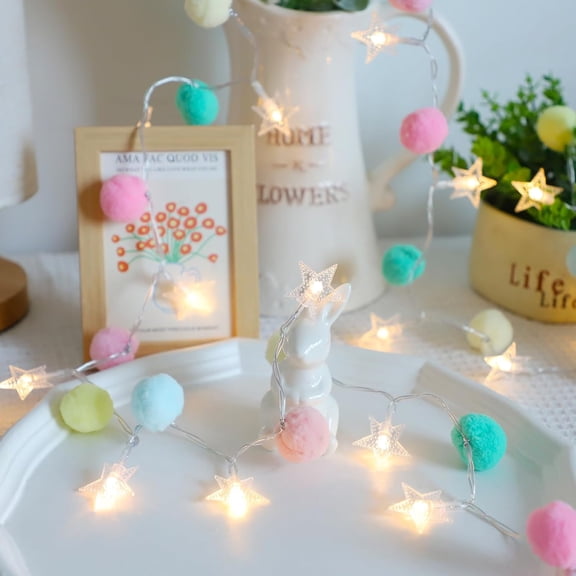 Indoor Pom Poms Star YANTONs - 6.56 Feet, 20 LED, Battery Operated, Warm White, Colorful Decor for Home, Bedroom, Kids Playhouse, Holiday, Christmas
