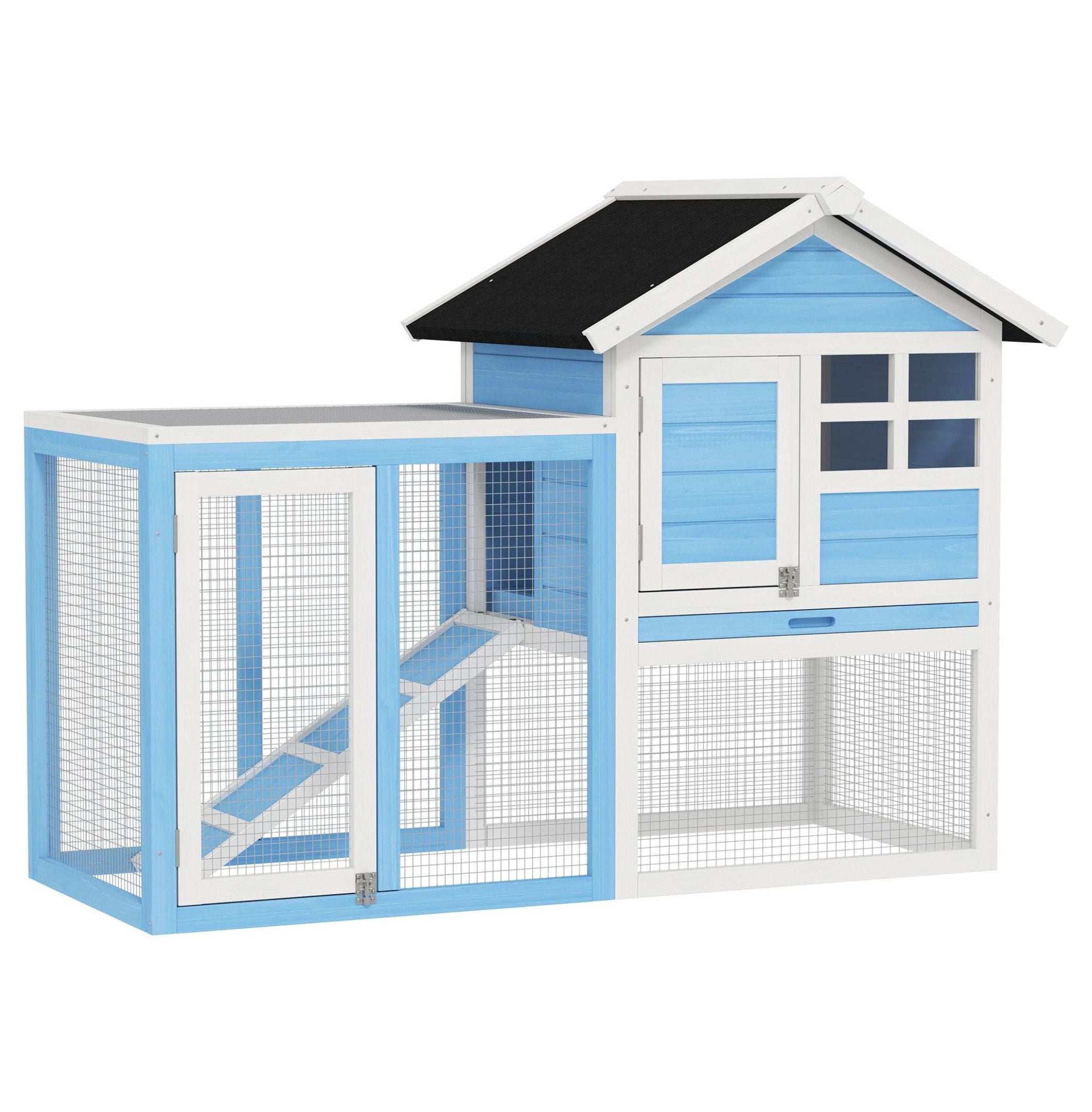 Indoor Rabbit Enclosure, Outdoor Hutch Inch Bunny Cage with Waterproof Roof Run Removable Tray Ramp Light Blue
