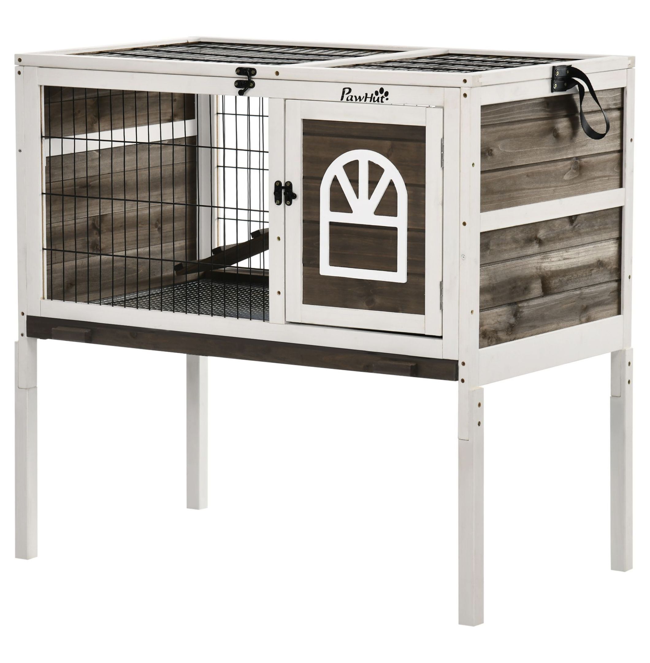 Indoor Rabbit Hutch Wooden Guinea Pig Cage with Tray Lockable Doors Coffee