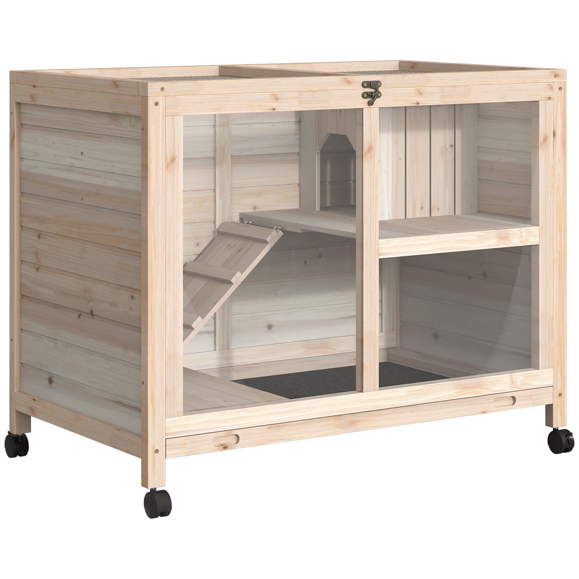 Indoor Rabbit Hutch with Wheels, Desk and Side Table Sized, Wood Rabbit Cage, Waterproof Small Rabbit Cage, Natural