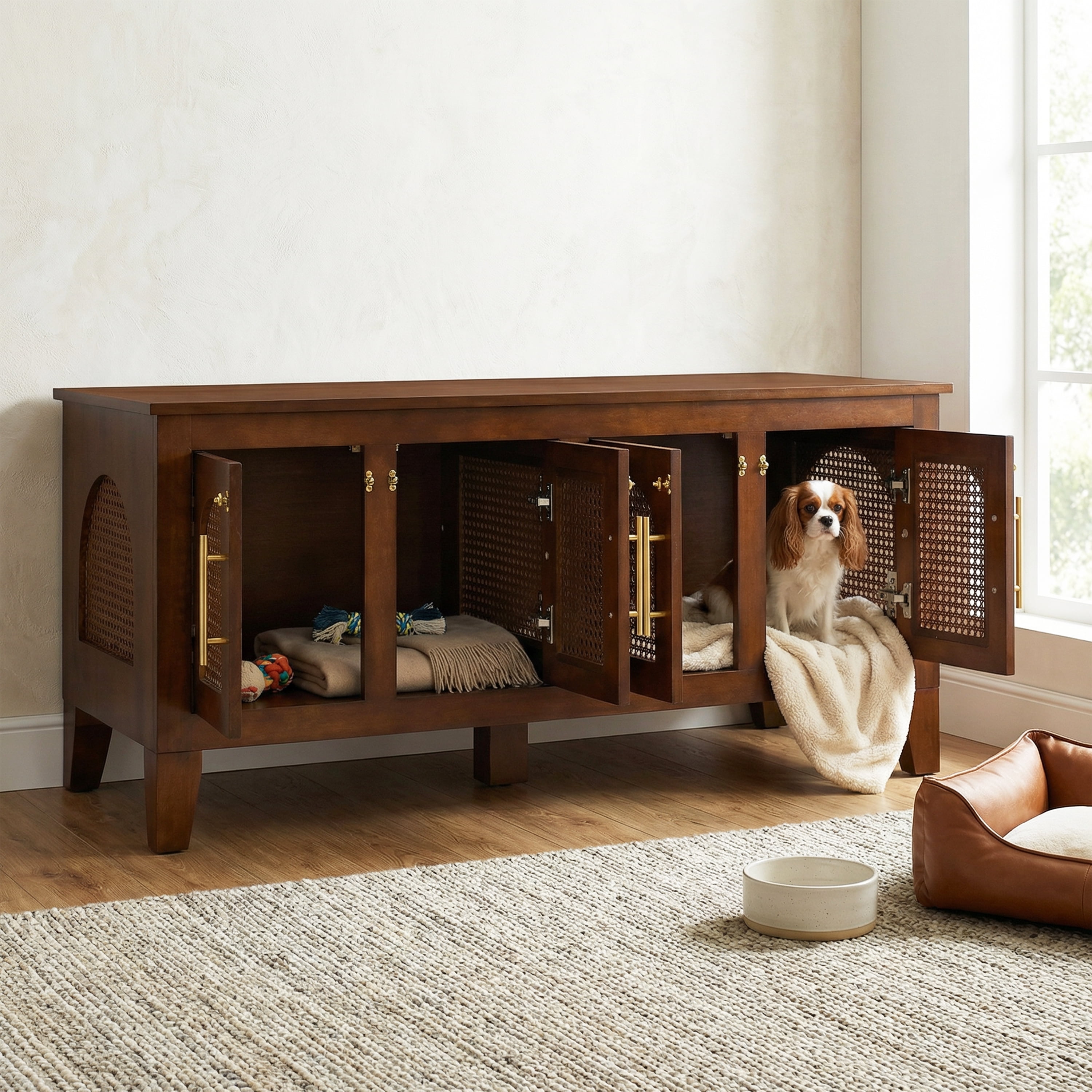 Indoor Rattan Decorated Rubber Wood Dog Crate Cabinet Furniture, Stylish Pet Kennel with 4 Doors for Living Room