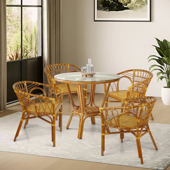 Indoor Rattan Wicker Dining Set for 4, Denver Tropical Style Round Glass Top Table with 4 Nevada Chairs, Vintage Bohemian Kitchen Furniture, Colonial Color
