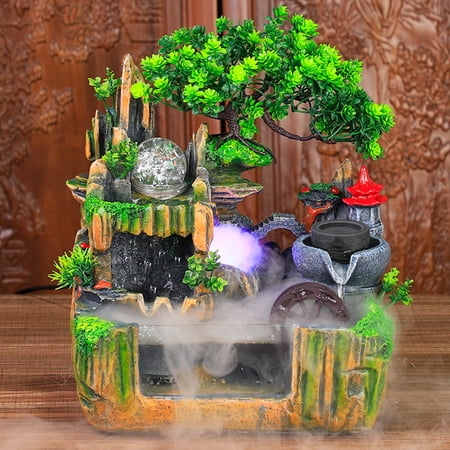 Indoor Rockery Fountain with Atomization, Resin Desktop Waterfall Fountain with LED Light for Office Living Room Decor