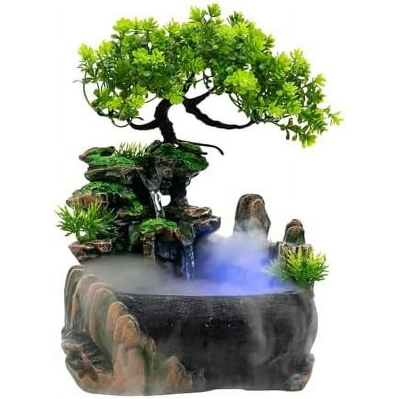 Indoor Rockery Water Fountains, Tabletop Decor Rock Rockery Mini Desk Fountain w/Fake Tree& LED Lights & Atomizer, Zen Meditation Waterfall Feature Desktop Fountain for Home Office Bedroom