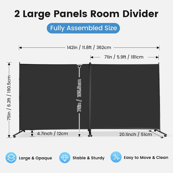 Indoor Room Divider 2 Large Panels on Wheels, 142”W x 75”H Rolling Privacy Screen W/Cover Strip, Portable Wall Divider for Home Office Partition, Black