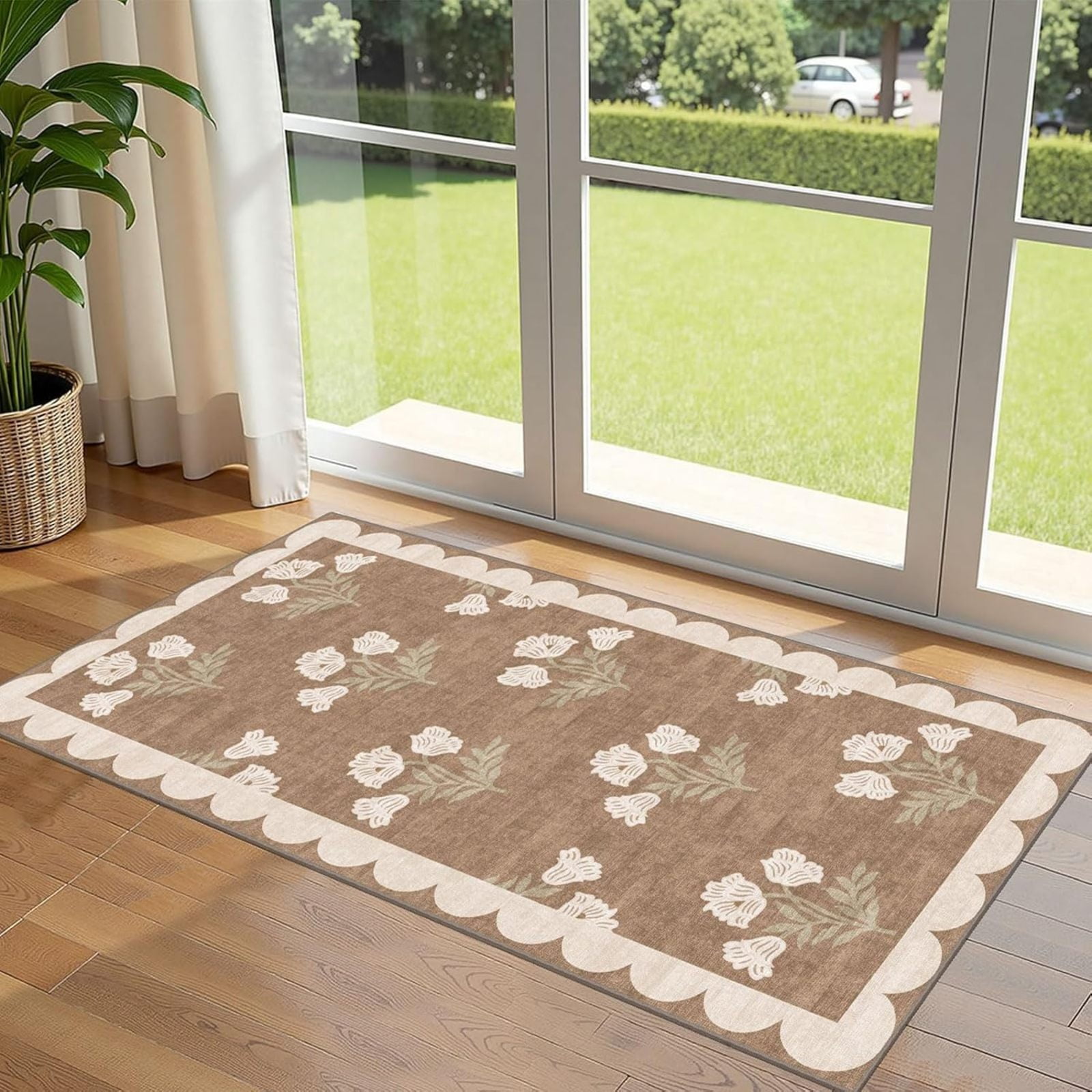 Indoor Rug - Floral Washable Outdoor Entry Porch Rug Non-slip Tan Bohemian Farmhouse Long Strip Carpet For Kitchen Hallway Bedroom Laundry Room Porch Decor 5x6ft