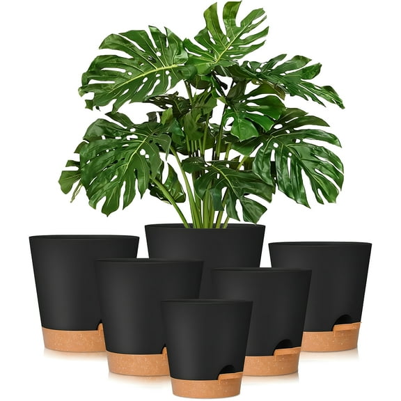 West Bay 6-Pack Self Watering Planters, Indoor Outdoor large flower pot plant pots with Drainage Holes and Saucers, 8, 7, 6.5, 6, 5.5, 5 Inches, Black