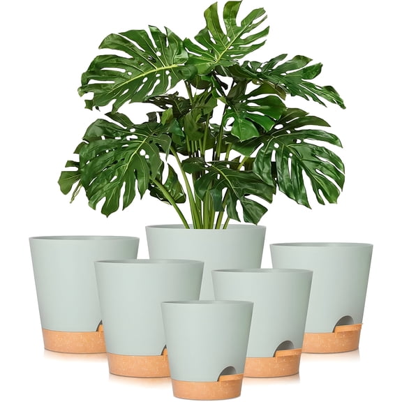 West Bay 6-Pack Self Watering Planters, Indoor Outdoor Large Flower Pot Plant Pots with Drainage Holes and Saucers, 8, 7, 6.5, 6, 5.5, 5 Inches, Green