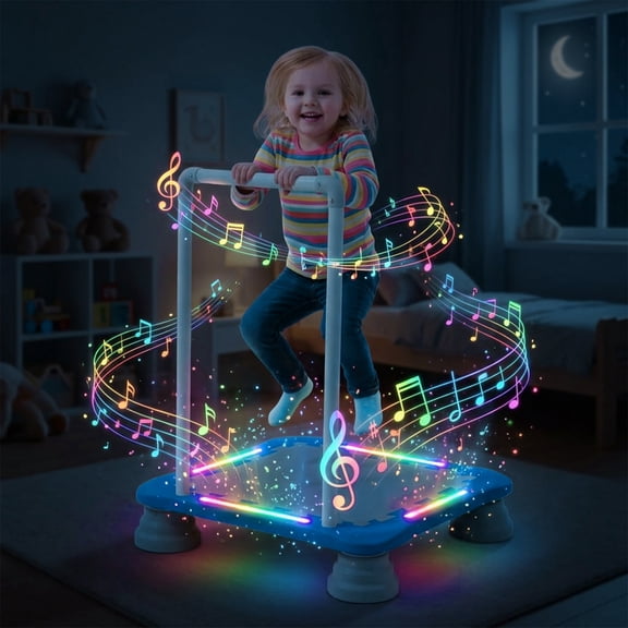 Indoor Sensory Trampoline with Handrails for Toddlers, featuring Music and Light effects for enjoyment, balance training, jumping exercises, safe and durable construction, easy to clean and store, Gr