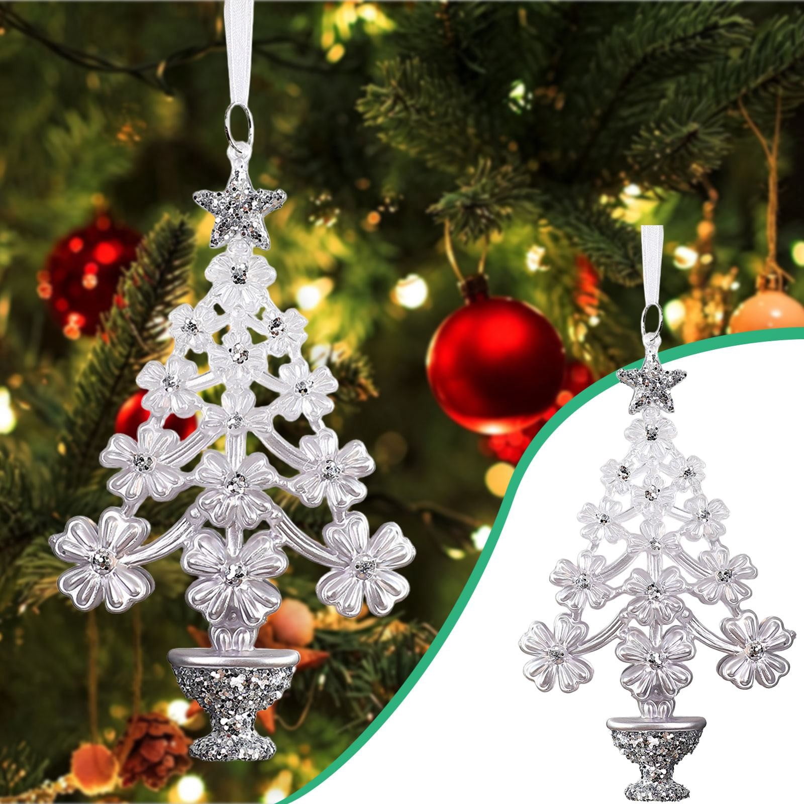 Indoor Silver Christmas Tree Ornament 3.94×6.69in, Pre-Made Ribbon Loop ...