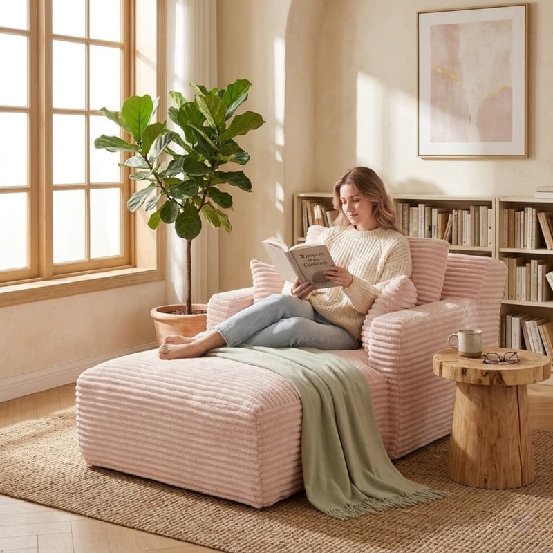 Indoor Single Chaise Lounge Sofa Chair, Modern Corduroy Upholstery Sleeper Bed Lounger Sofa Chair for Living Room,Office,Apartment, 39.4''x65.4''