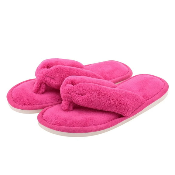 Onmygogo Women's Indoor Thong Slippers Open Toe, Plush Anti Slip Flip Flops (M- US women size 7-8, fushcia)
