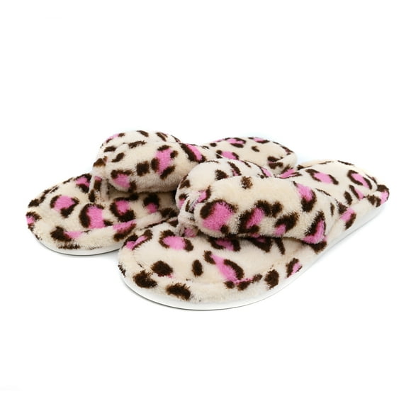 Indoor Slippers for Women Open Toe, Plush Anti Slip Flip Flops (S- US women size 5.5-6.5, Leopard print)