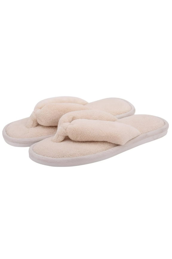 Women's Thong Slippers, Anti Slip Plush Open Toe Flip Flops, Beige, US Size 7-8