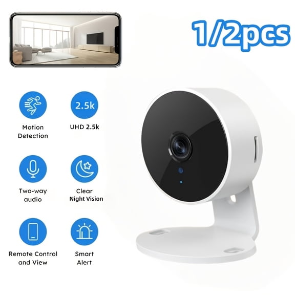 Indoor Smart Security Camera 2-Pack, 2.4G WiFi, 2.5K HD, PIR Motion Detection, Night Vision, Two-Way Audio, 911 Emergency Call, App Alarm Push, Cloud/SD Storage, Remote View & Multi-User Sharing