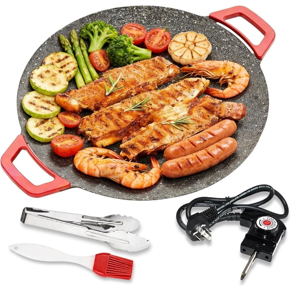 Indoor Smokeless Electric Griddle, 1000W Nonstick Round Grill Pan, Adjustable Temperature 5 Settings, Large 12/14/16 Inch for Family BBQ, Steaks, Pancakes (14in)