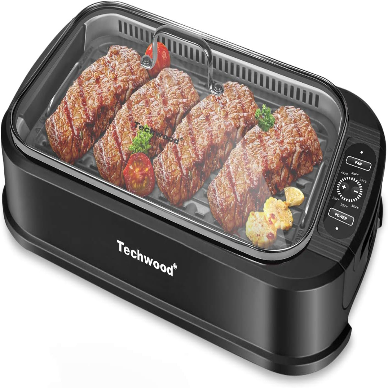 Indoor Smokeless Grill Techwood 1500W Electric Grill with Tempered Glass Lid & LED Smart Control