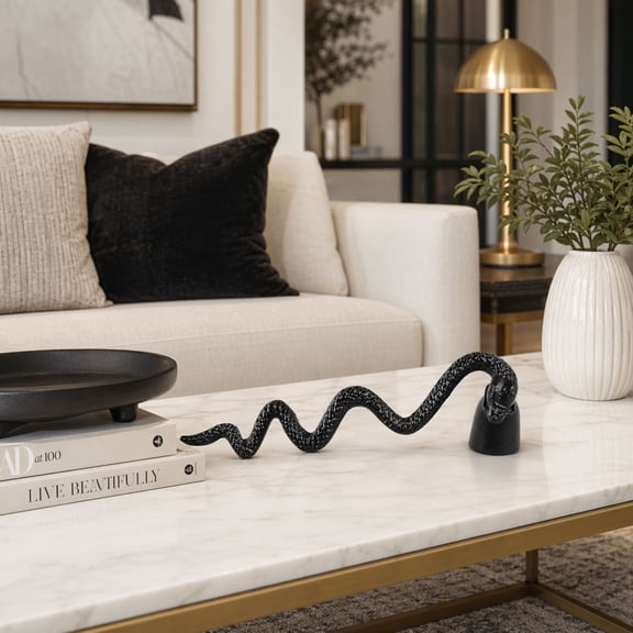 Indoor Snake Figurine Metal Aluminum Modern Glam Design Glossy Finish for Home Office Bedroom Living Room Decor - 2" Black