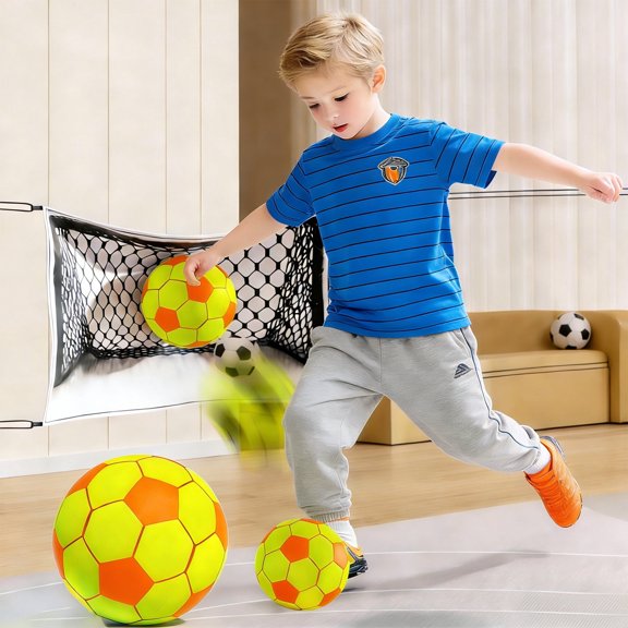Indoor Soccer Ball, 9.45 Inch (24Cm) Silent Football For Teens & S, Pc Material, Fluorescent Red & Yellow Hexagonal Pattern, Indoor Play & Recreational Sports