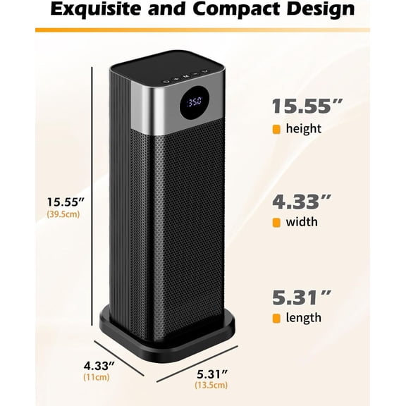Indoor Space with Remote, 1500W Portable 15.5 Tall Digital Thermostat 70 Oscillation, 12H Timer 3 Level Temp, Tip-over Electric Fan for Home Office Desk Bedroom