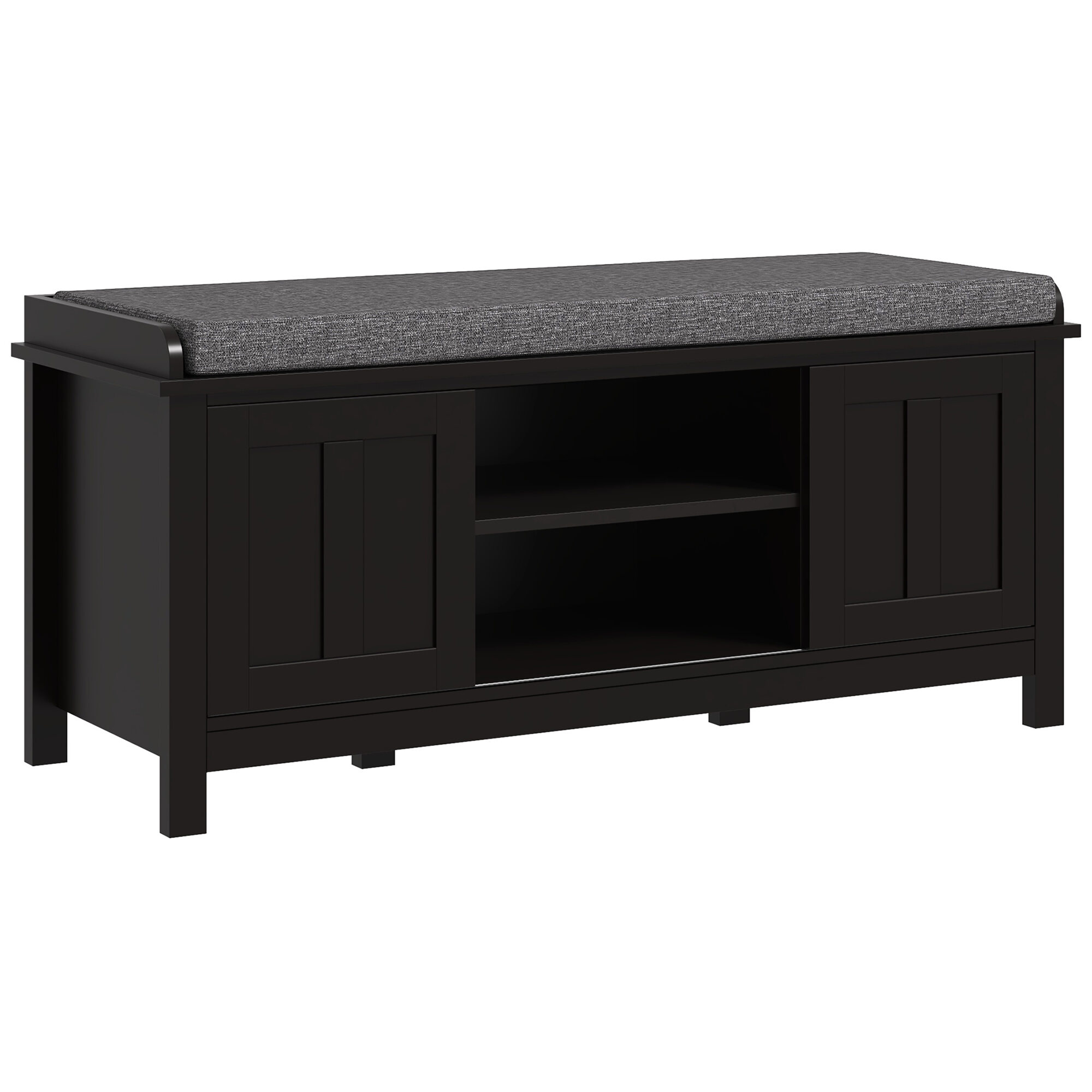 Indoor Storage Benches, HOMCOM Entryway Shoe Bench Storage Ottoman with Sliding Doors, Adjustable Shelving, 6 Compartments, and Padded Seat, Holds 10 Pairs, Black, Black Wooden Storage Benches