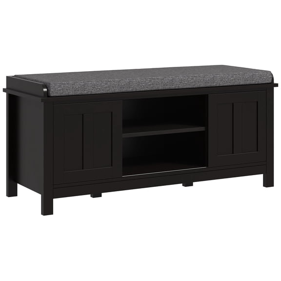 Indoor Storage Benches, HOMCOM Entryway Shoe Bench Storage Ottoman with Sliding Doors, Adjustable Shelving, 6 Compartments, and Padded Seat, Holds 10 Pairs, Black, Black Wooden Storage Benches