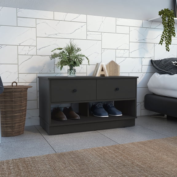 Indoor Storage Benches, Hamilton Storage Bench, Two Open Shelves, Two Drawers -Black, Black Wooden Storage Benches,Particle Board Rattan Storage Benches