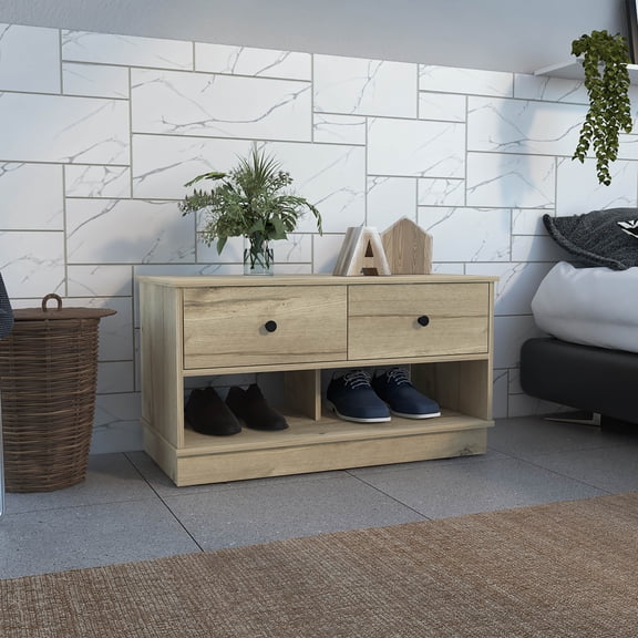 Indoor Storage Benches, Hamilton Storage Bench, Two Open Shelves, Two Drawers -Light Oak, Beige Wooden Storage Benches,Particle Board Rattan Storage Benches
