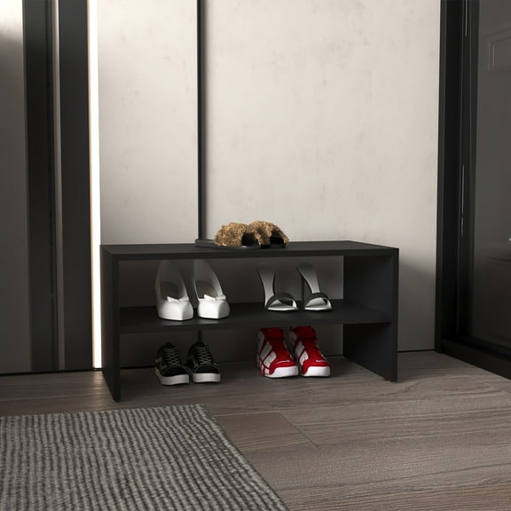 Indoor Storage Benches, Shoe Rack 13.7" H, with 2 Shelves, Black, Black Wooden Storage Benches,Engineered Wood Rattan Storage Benches, Furniture Primary Living Space Storage Benches